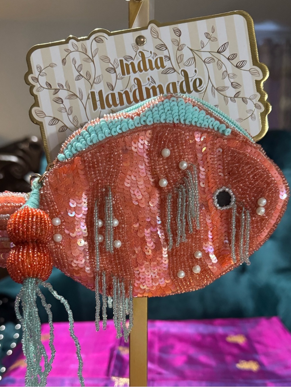 NWT 2026 India Handmade Beaded Fish Coin Pouch Tassel Coral